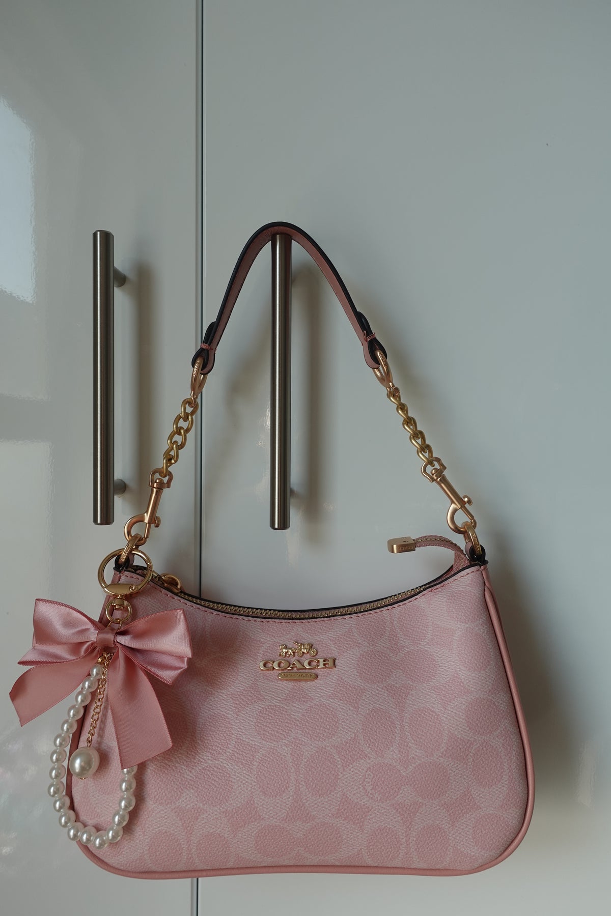 Pink Teri with Pearl Bow