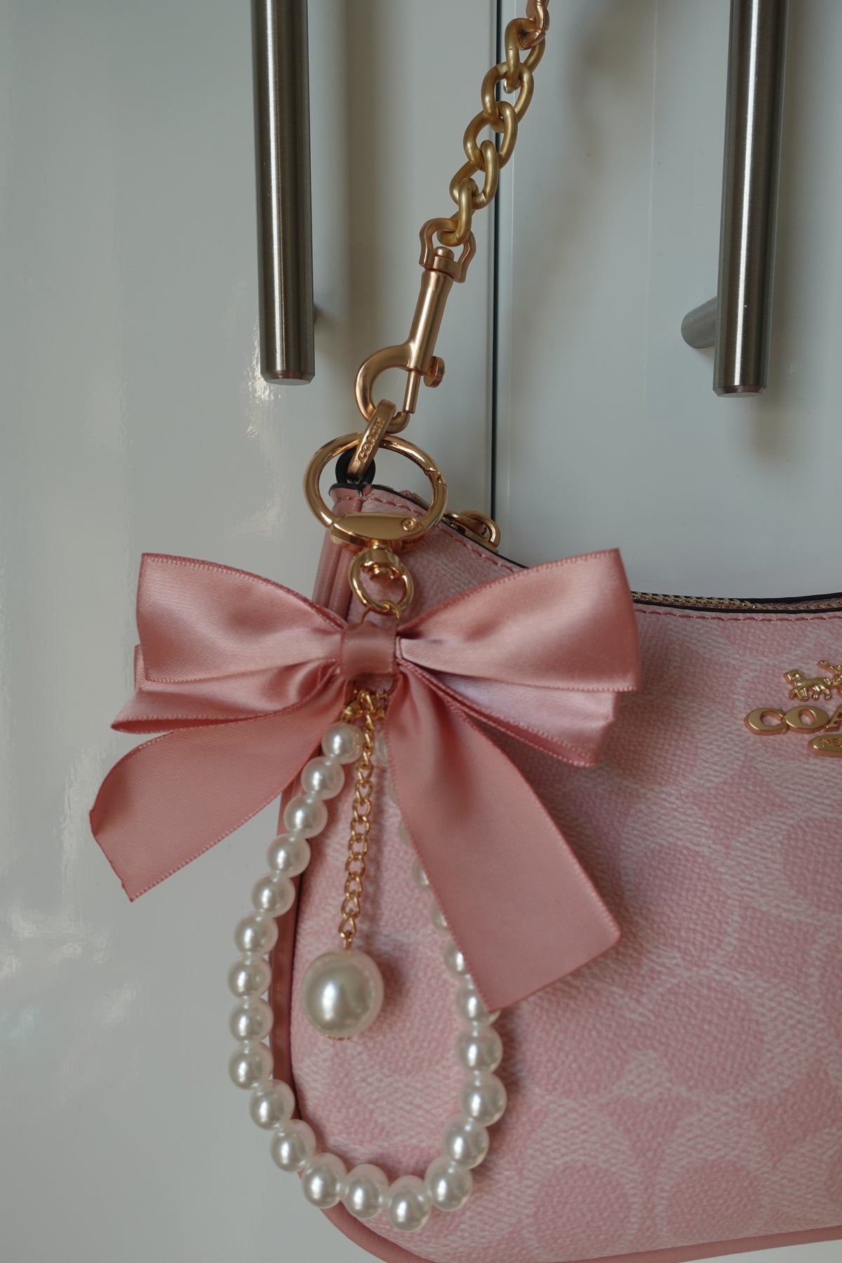 Pink Bow Pearl Charm