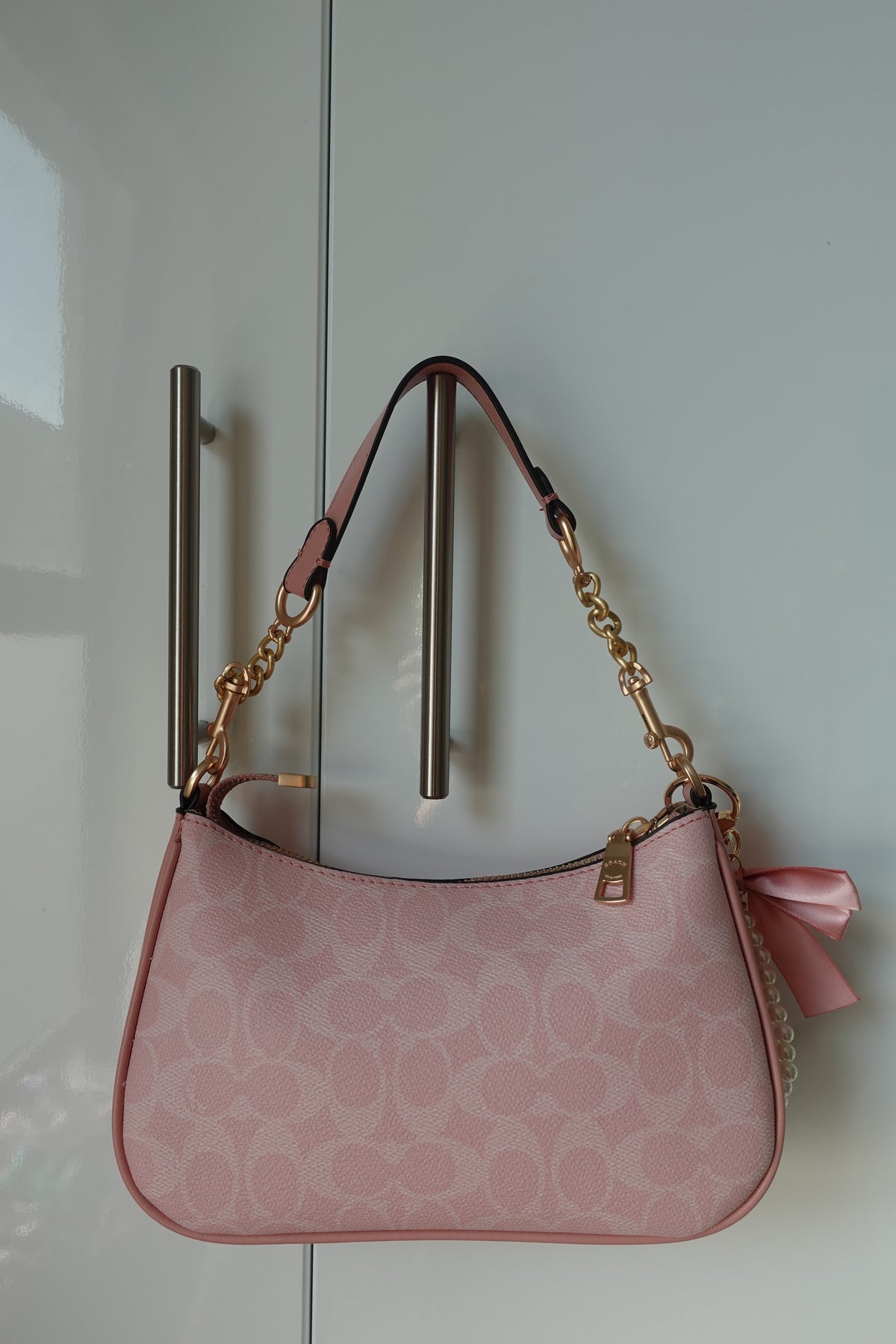 Pink Teri with Pearl Pendant and Bow