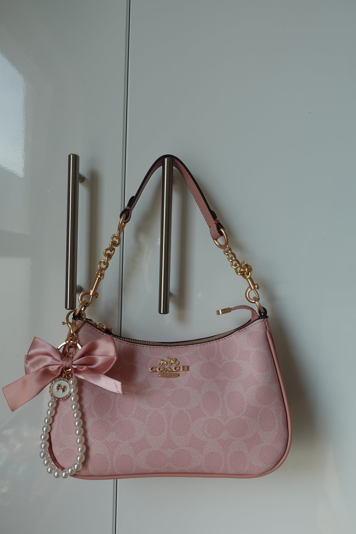 Pink Teri with Pearl Pendant and Bow
